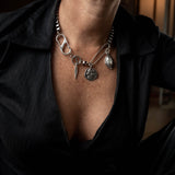 Silver safety pin box chain necklace with pendants, Rock style chunky choker and charms