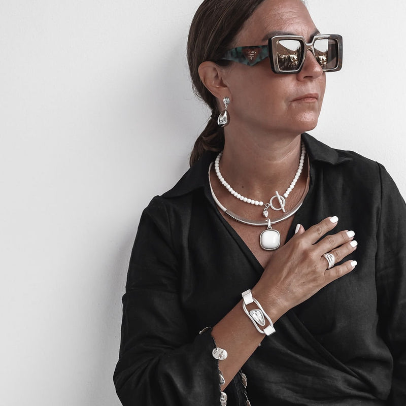 White and silver necklaces and bracelet set, Lava and Crystal stones set, Simple Luxury, Edgy Chic, Classy statement pieces