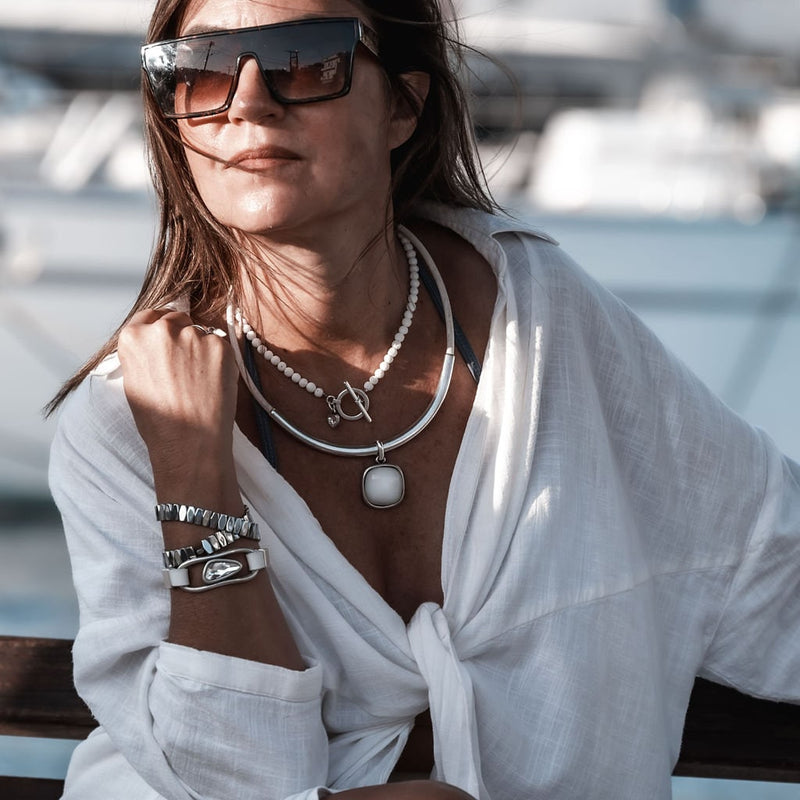 White and silver necklaces and bracelet set, Lava and Crystal stones set, Simple Luxury, Edgy Chic, Classy statement pieces