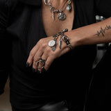 Silver safety pin box chain necklace with pendants, Rock style chunky choker and charms