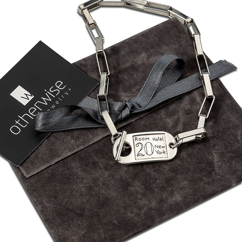 Silver chunky choker, Rock style ID tag necklace, NY hotel room tag choker