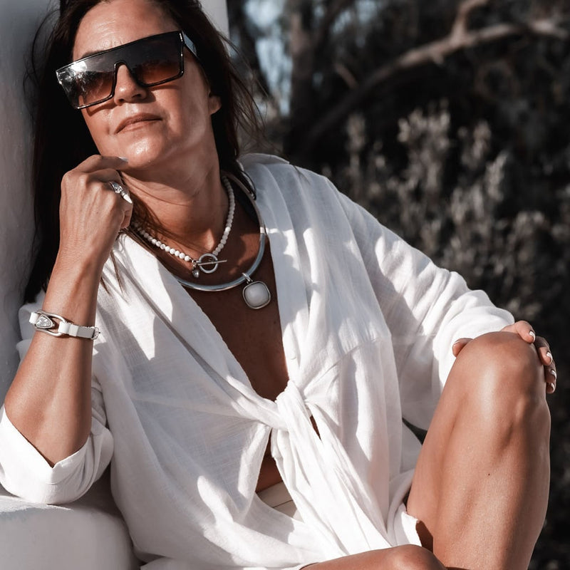 White and silver necklaces and bracelet set, Lava and Crystal stones set, Simple Luxury, Edgy Chic, Classy statement pieces