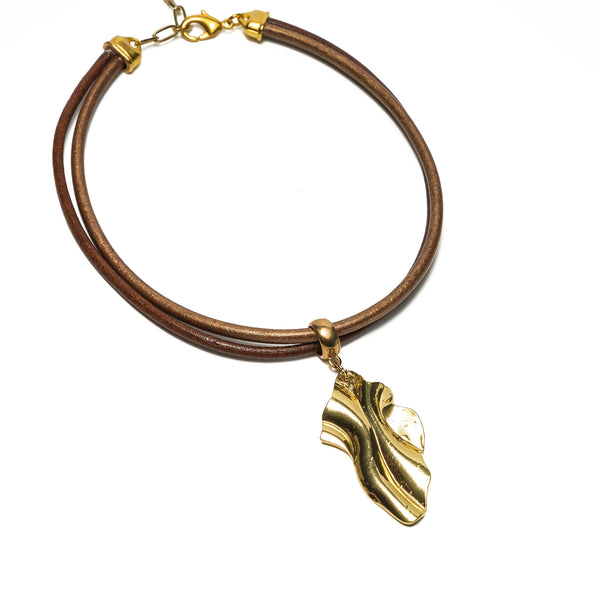 Short necklace with unique asymmetric gold-plated pendant, leather choker