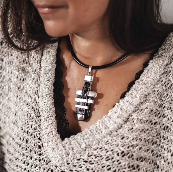 Statement black leather necklace with metal bars , Rock style leather and metal choker Necklace