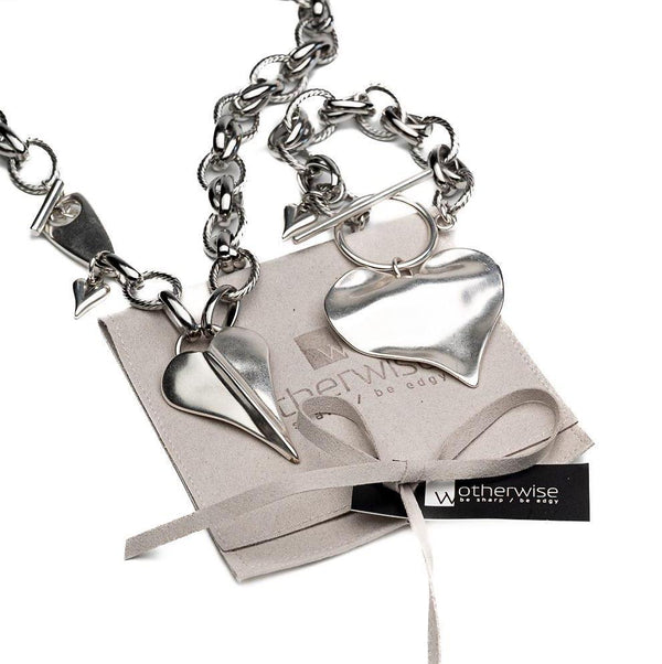 Luxury Love Set: Large Heart Pendant Necklace and bracelet with stainless steel chain, Statement chunky heart choker and bracelet, Gift idea
