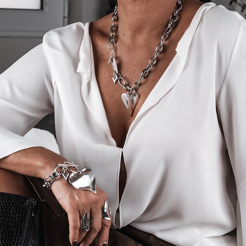Luxury Love Set: Large Heart Pendant Necklace and bracelet with stainless steel chain, Statement chunky heart choker and bracelet, Gift idea