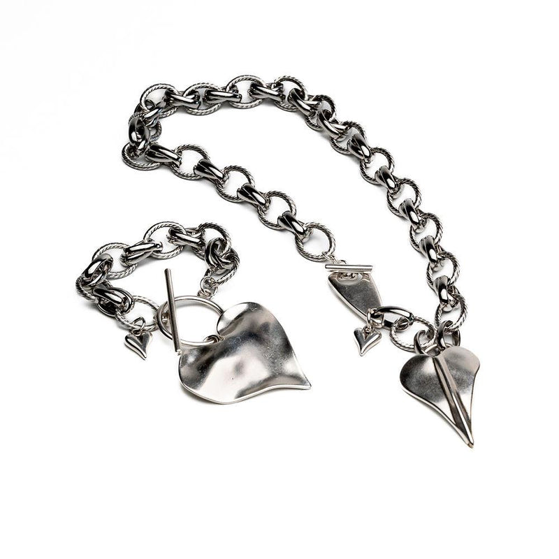 Luxury Love Set: Large Heart Pendant Necklace and bracelet with stainless steel chain, Statement chunky heart choker and bracelet, Gift idea