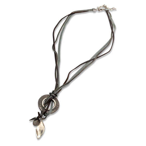Carved disk necklace with leather and chains and silver-platted pendants, Funky every day necklace