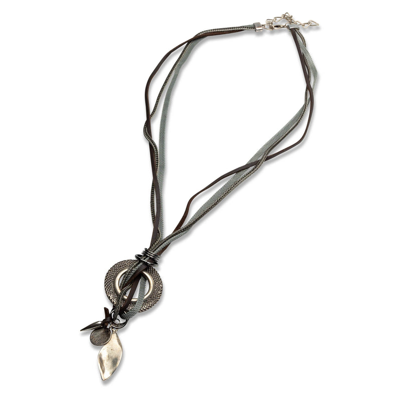 Carved disk necklace with leather and chains and silver-platted pendants, Funky every day necklace