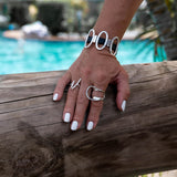 Unique unode50 style bracelet, Standout black leather and oval metal elements cuff for your every day look.