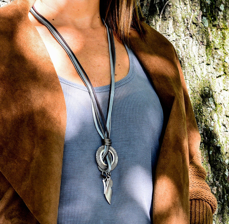 Carved disk necklace with leather and chains and silver-platted pendants, Funky every day necklace
