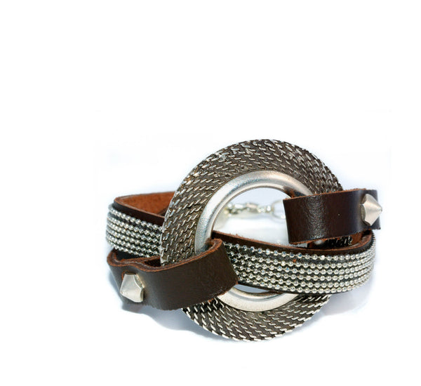 Textured disc bracelet with leather and strass, Statement bracelet, bold jewelry, rock style bracelet, gift for strong look