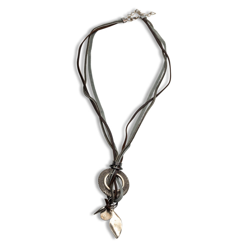Carved disk necklace with leather and chains and silver-platted pendants, Funky every day necklace