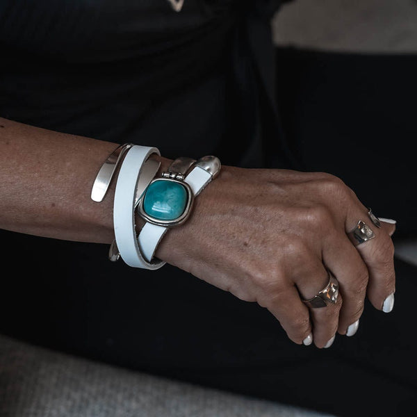 White leather wrap bracelet with turquoise resin stone, Chunky leather and metal cuff