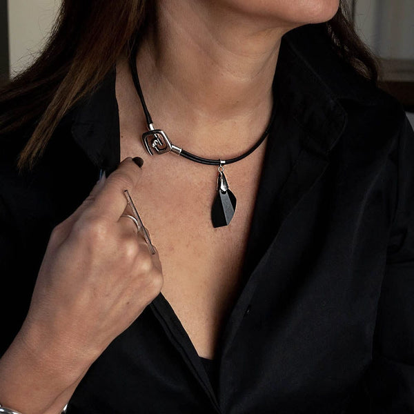 Elegant leather necklace with Austrian crystal pendant, Classy black choker