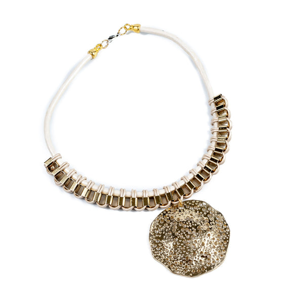 Necklace with textured gold-plated pendant, Edgy link chain woven with cream metallic leather strands, Statement Jewelry, Statement Necklace