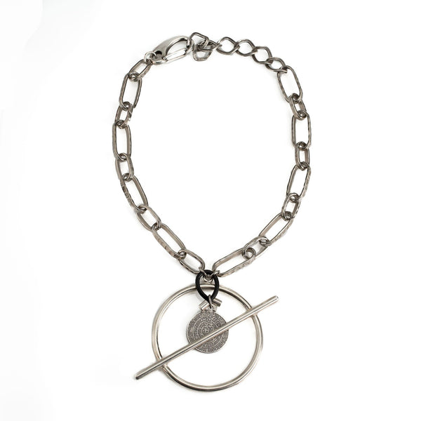 Chunky women's chain necklace with bar closure and coin pendant