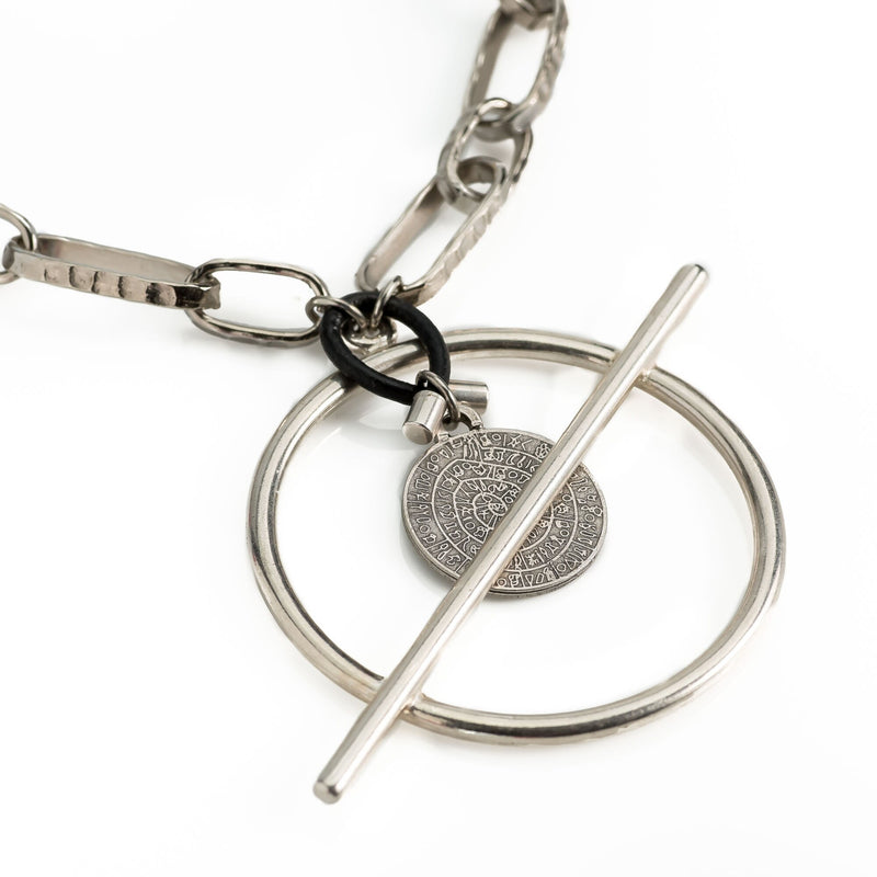 Chunky women's chain necklace with bar closure and coin pendant