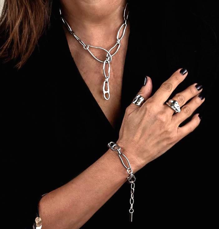 Unode50 style bracelet and necklace Set, Irregular unique chains designed to make a statement, Silver boho set, Unique high quality gift!