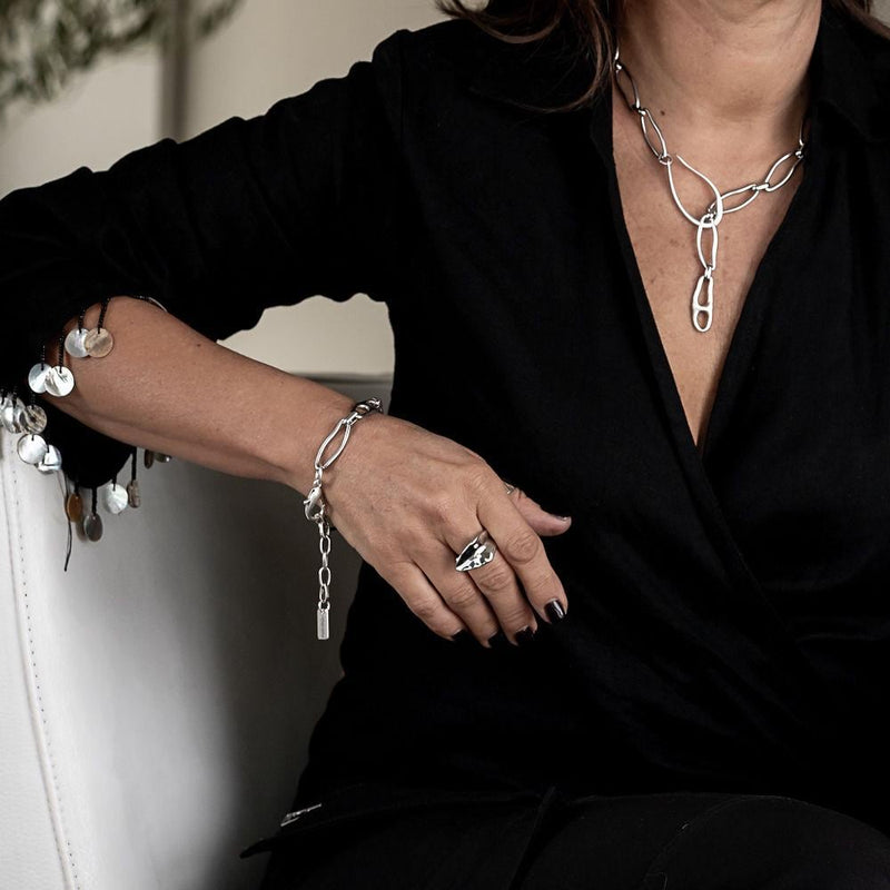 Unode50 style bracelet and necklace Set, Irregular unique chains designed to make a statement, Silver boho set, Unique high quality gift!