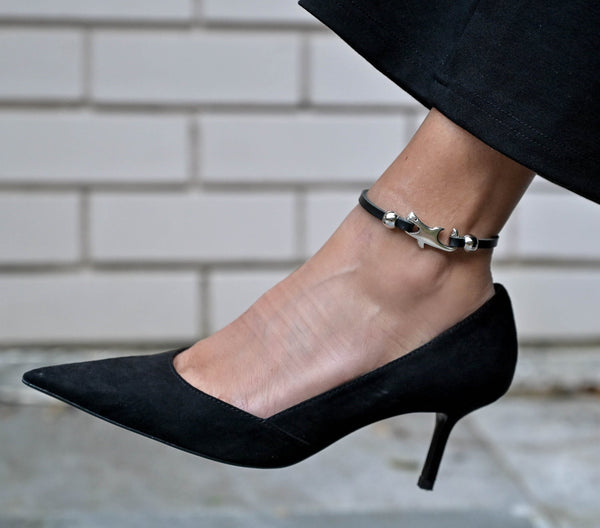 Leather and metal shark anklet, Chunky black and silver anklet, layered anklet, edgy ankle bracelet, gift