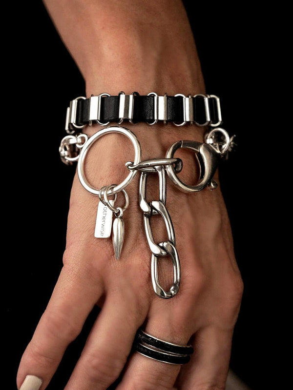 Leather and chain wrap bracelet, edgy stainless steel bracelet with black leather and oversized buckle, chunky rocker bracelet