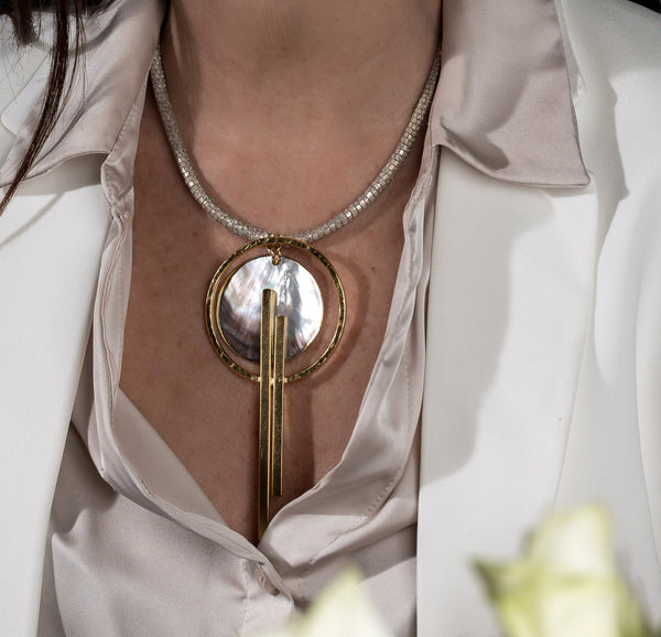Classy leather necklace with gold-plated design and mother of pearl.  Elegant choker in gold and beige tones, great woman's Christmas gift