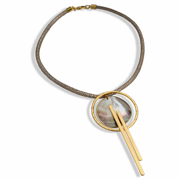 Classy leather necklace with gold-plated design and mother of pearl.  Elegant choker in gold and beige tones, great woman's Christmas gift