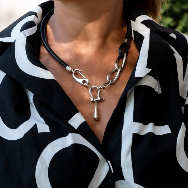 Bold leather and chain collar necklace