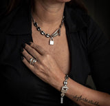 T clasp and Locket necklace, Stainless steel choker with padlock pendant
