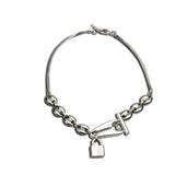 T clasp and Locket necklace, Stainless steel choker with padlock pendant