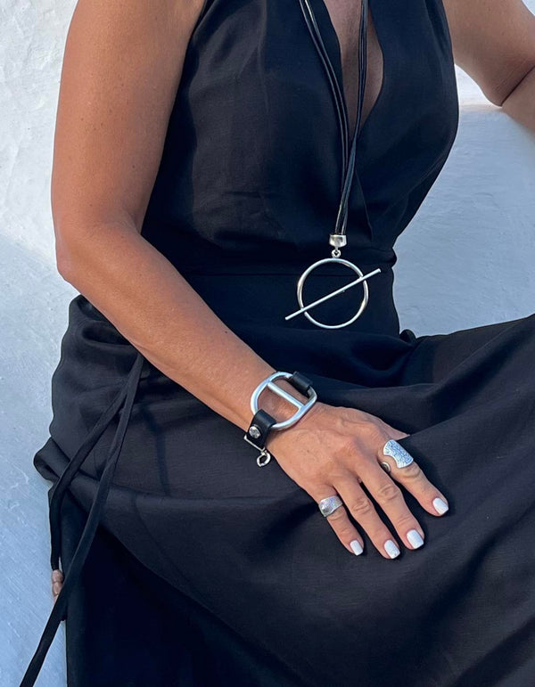 Chunky metal and leather statement Bracelet and Necklace set, Unode50 style cuff and long necklace, Large hoop set, unique standout jewelry