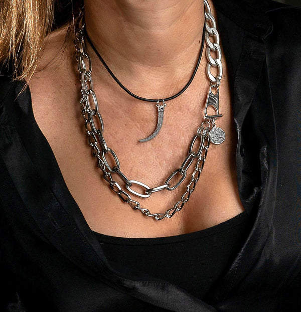 Layered chunky chain and leather necklace, rocker chic antique silver statement necklace