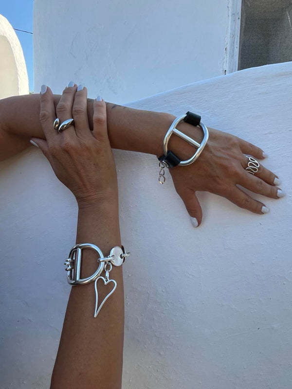 Chunky metal and leather statement Bracelet and Necklace set, Unode50 style cuff and long necklace, Large hoop set, unique standout jewelry