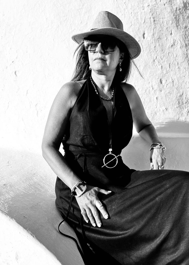 Chunky metal and leather statement Bracelet and Necklace set, Unode50 style cuff and long necklace, Large hoop set, unique standout jewelry