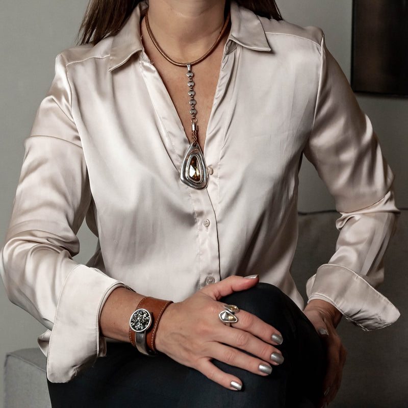 Statement necklace with Austrian crystal pendant,  Standout astral pink crystal stone Necklace with leather and metal