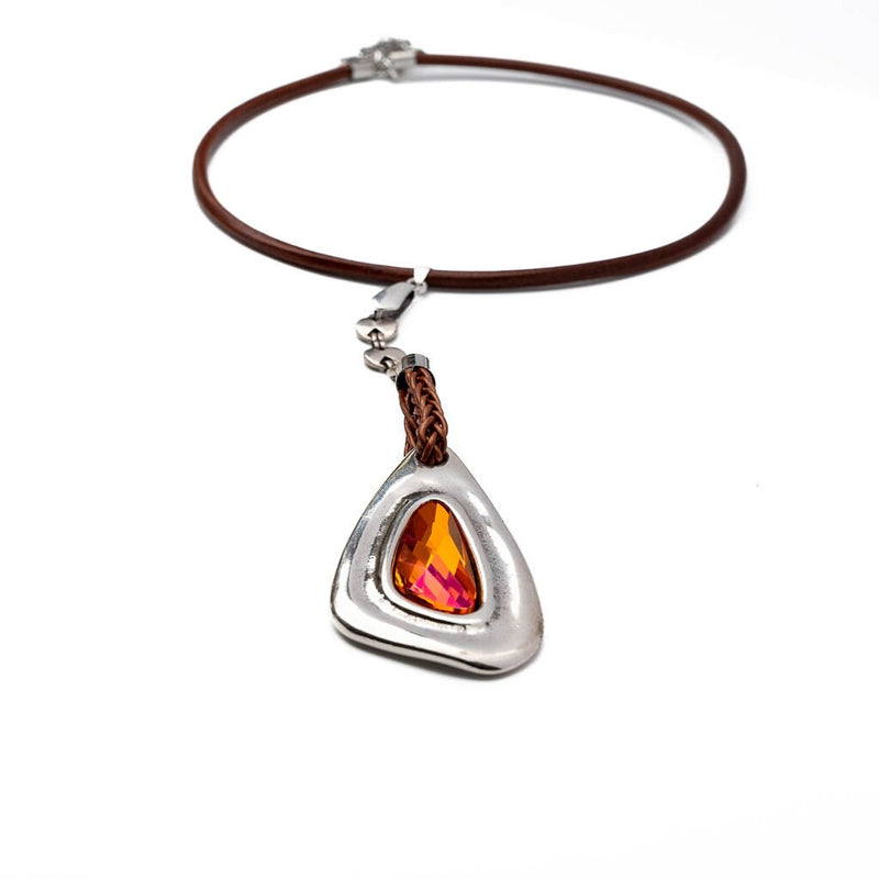 Statement necklace with Austrian crystal pendant,  Standout astral pink crystal stone Necklace with leather and metal