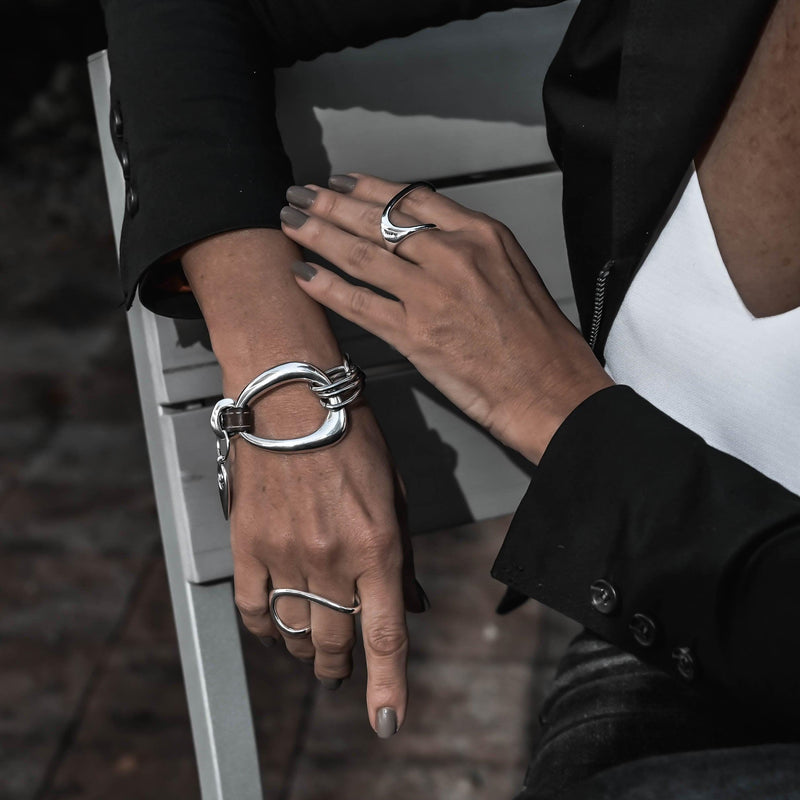 Standout metal and leather bracelet, rock style bracelet, unique irregular silver bracelet, unode50 style cuff
