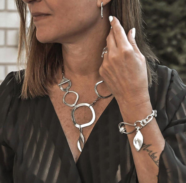 Edgy chic necklace and bracelet set, unique silver curb bracelet, stainless steel chain, classy bold abstract set, standout statement set
