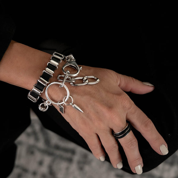 Leather and chain wrap bracelet, edgy stainless steel bracelet with black leather and oversized buckle, chunky rocker bracelet