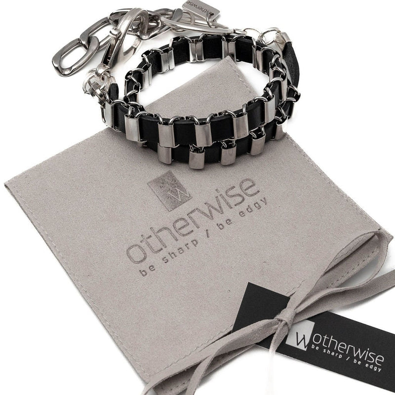 Leather and chain wrap bracelet, edgy stainless steel bracelet with black leather and oversized buckle, chunky rocker bracelet