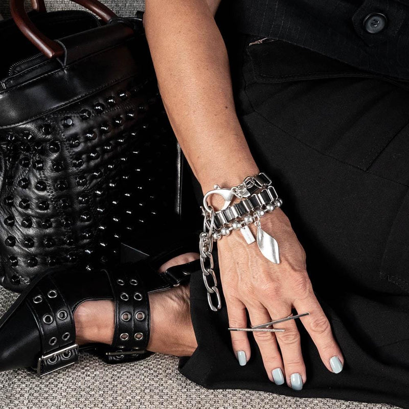 Leather and chain wrap bracelet, edgy stainless steel bracelet with black leather and oversized buckle, chunky rocker bracelet