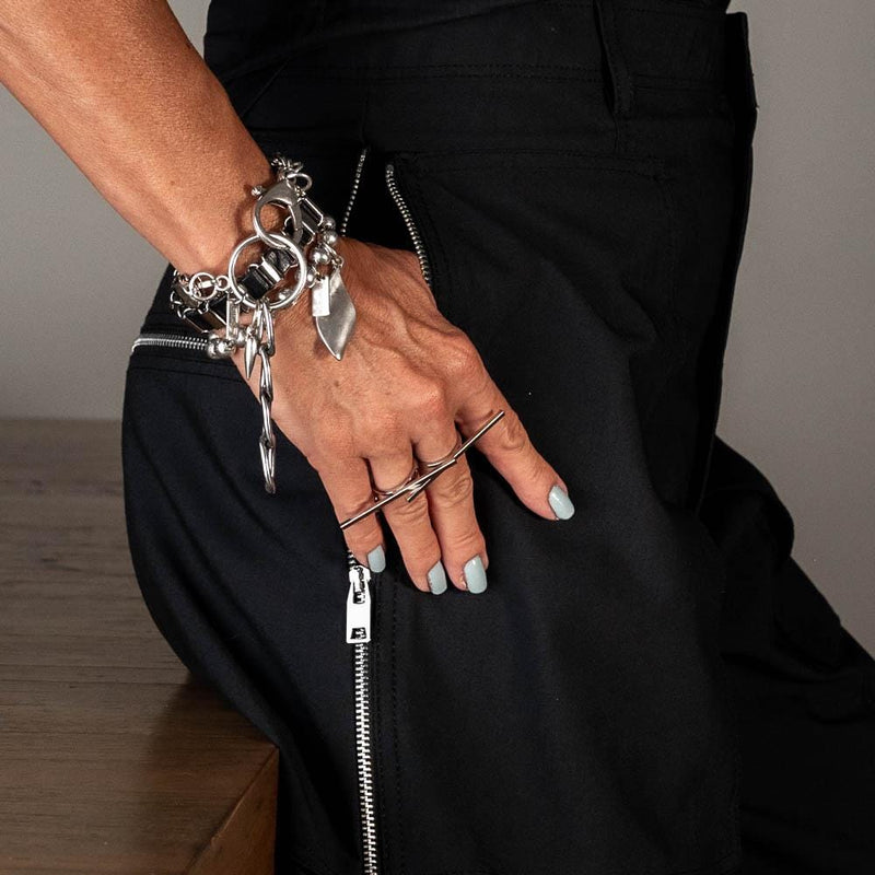 Leather and chain wrap bracelet, edgy stainless steel bracelet with black leather and oversized buckle, chunky rocker bracelet