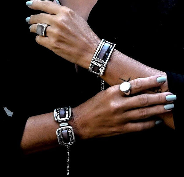 Strong metal and soft leather cuff bracelets, Unique bracelets in unode50 style