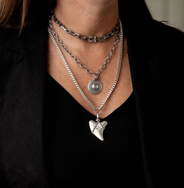 Sharp triple layered stainless steel necklaces, Shark Tooth Pendant, Rope chain ethnic necklace and link chain choker