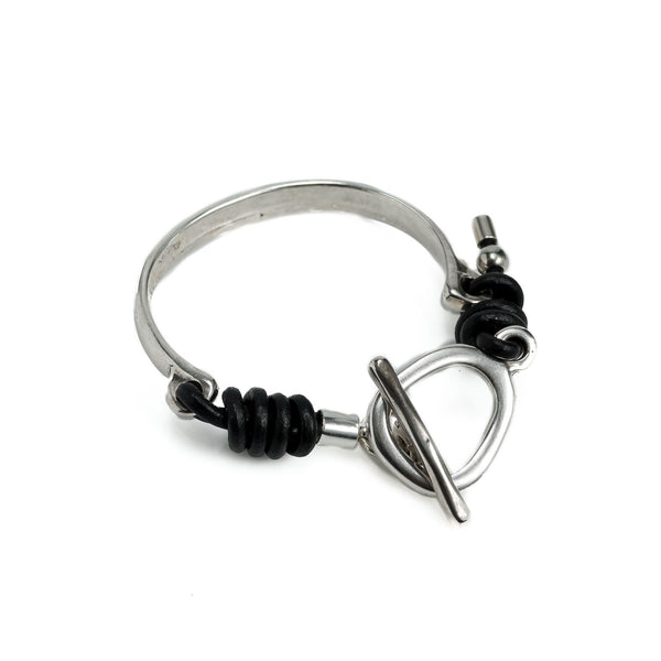 Cuff bracelet with leather and an asymmetric bar clasp, Unique women's bracelet for gift.