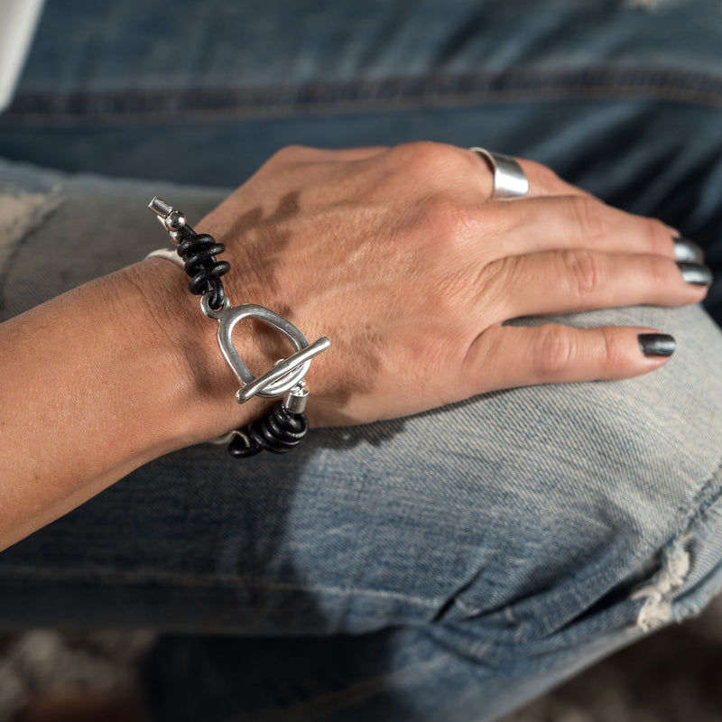 Cuff bracelet with leather and an asymmetric bar clasp, Unique women's bracelet for gift.