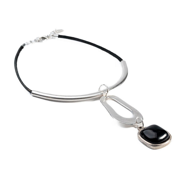 Chunky black resin Necklace Bracelet and Ring, Dramatic leather and metal set
