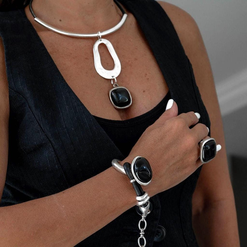 Chunky black resin Necklace Bracelet and Ring, Dramatic leather and metal set