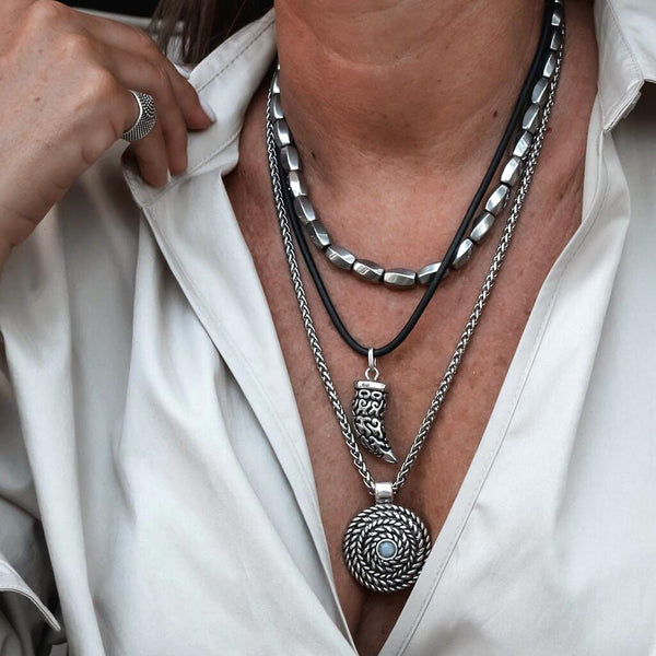 Layered leather and metal necklaces, Stacked edgy necklaces, Unisex Statement pieces, Layered pendant, Tooth pendant, semi precious choker